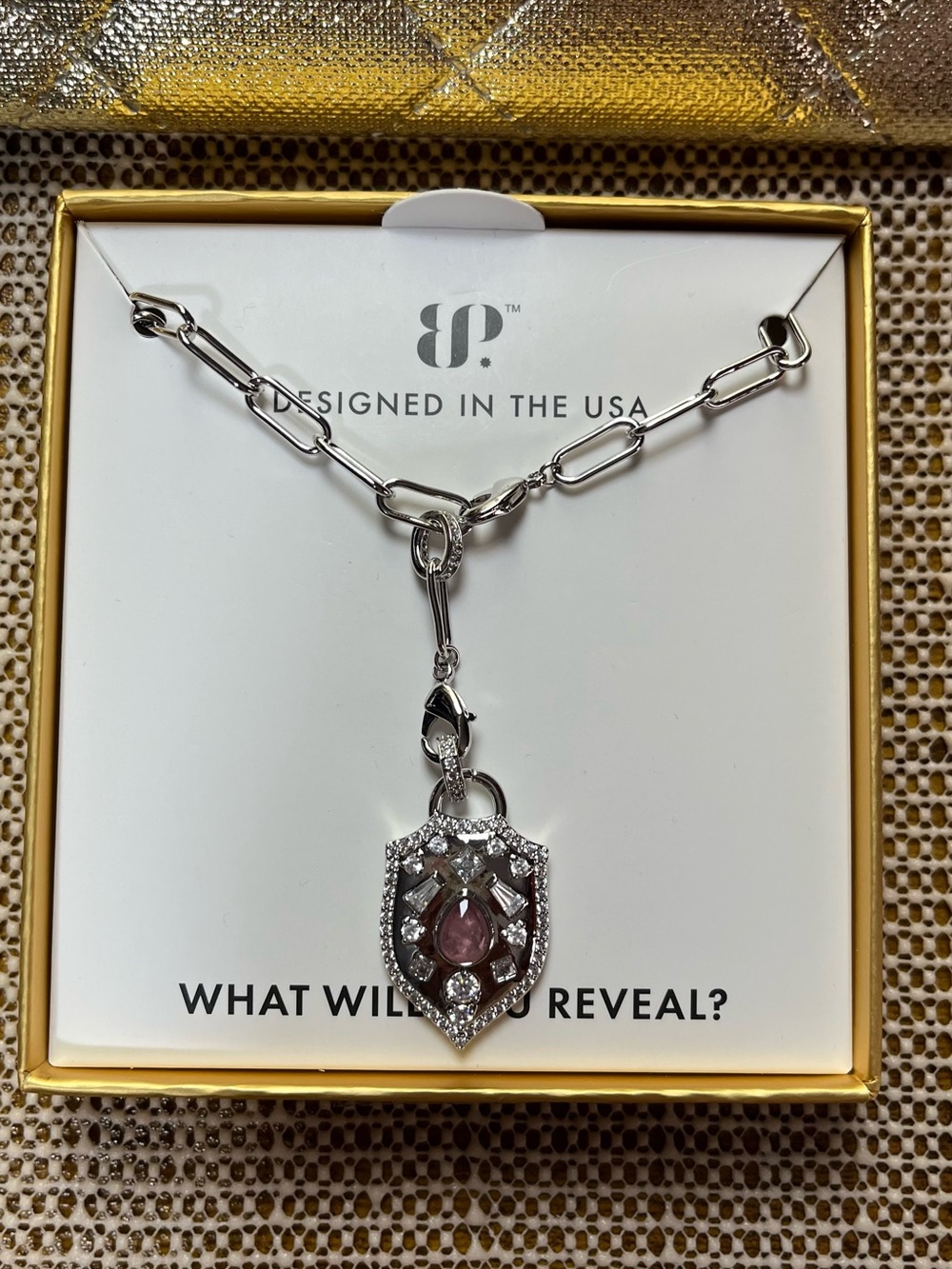 Rhodium Plating Shield Pendant Necklace with Pink Stone